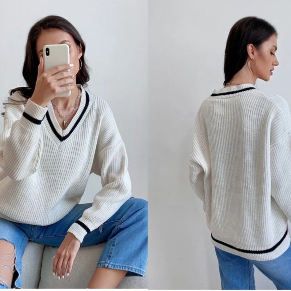 Sweaters - Contrast Trim Preppy Sweater